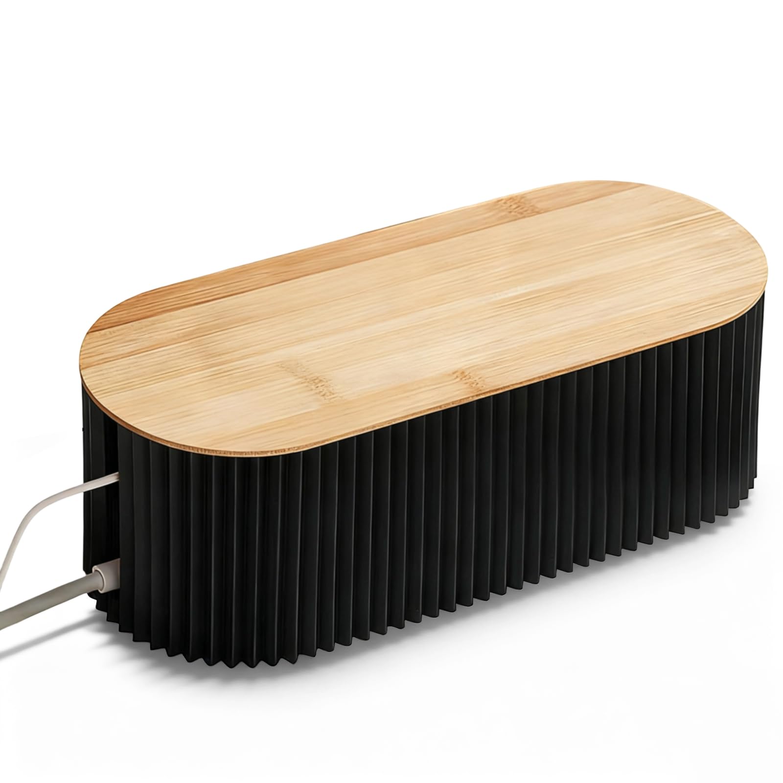 Cable Management Box, Black Cable Tidy Organiser Cables Storage Box with Bamboo Lid for Hiding Desk TV Computer Messy Cables Wire