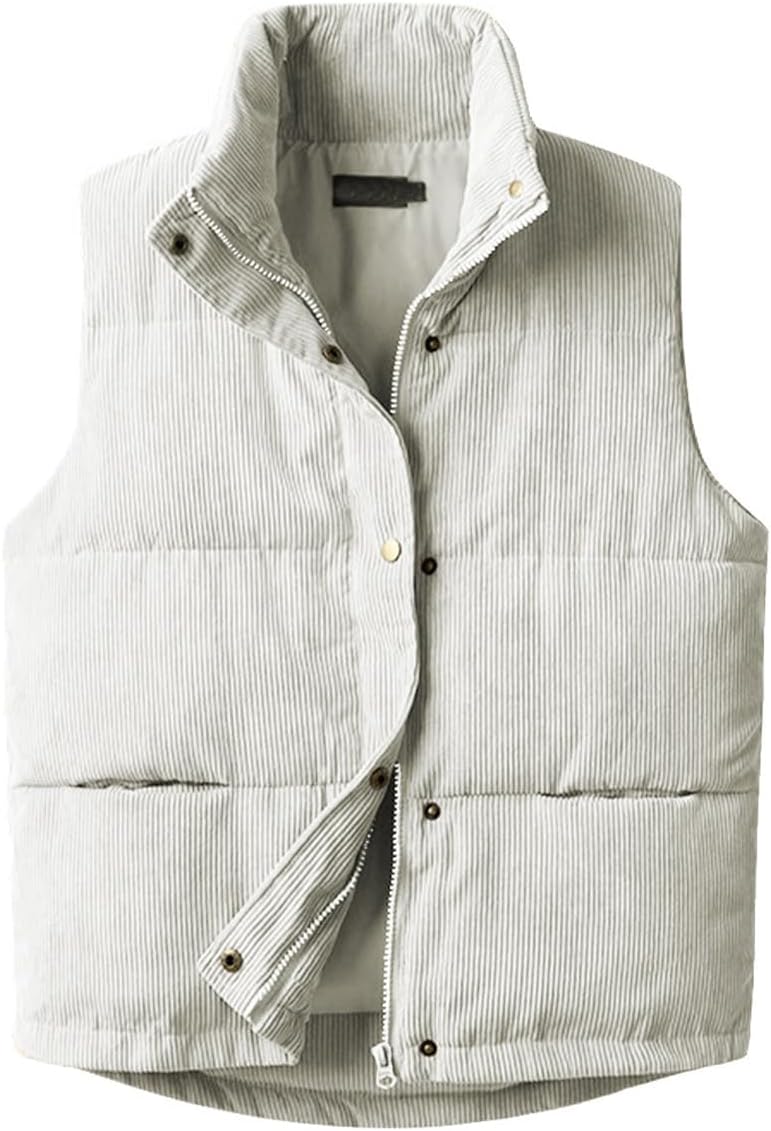 Womens Corduroy Puffer Vest Sleeveless Stand Collar Zip Up Snap Lightweight Jacket Padded Gilet Outerwear