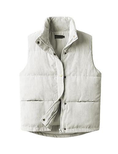Womens Corduroy Puffer Vest Sleeveless Stand Collar Zip Up Snap