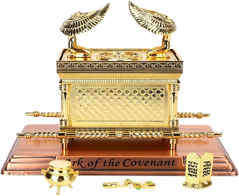 BRTAGG The Ark of The Covenant Replica Gold Plated Statue with Contents, Aaron‘s Rod/Manna/Ten Mandments Stone (Large)