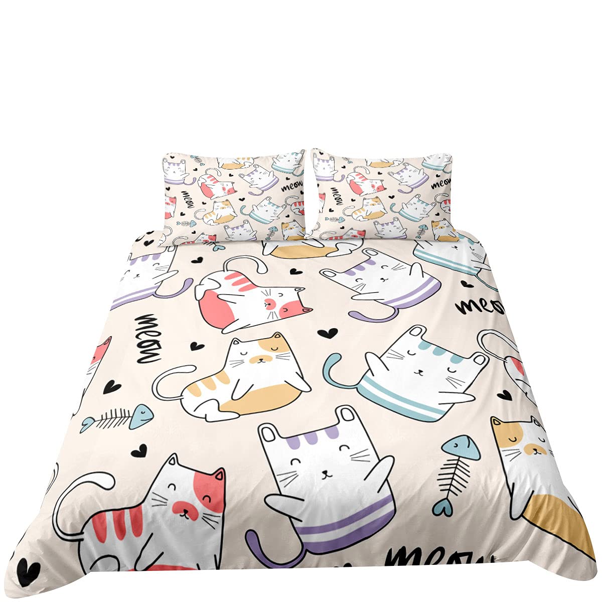 Cat Duvet Cover Set Single, Treer 3 Pcs Cute Animal Print Bedding Set Soft Microfiber Easy Care Quilt Cover witn 2 Pillow Cases Cartoon Style for Teens Girls Kids Reversible Duvet Set - 135 x 210 cm