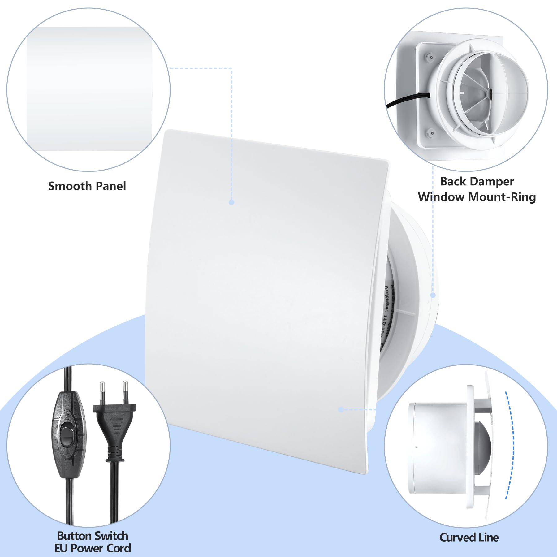 100mm VMC Extracteur d'Air avec Interrupteur, 1m UE Prise pour Salle de Bain, Cuisine, Bureau, WC, IP45 Étanche, 12W 220-240V