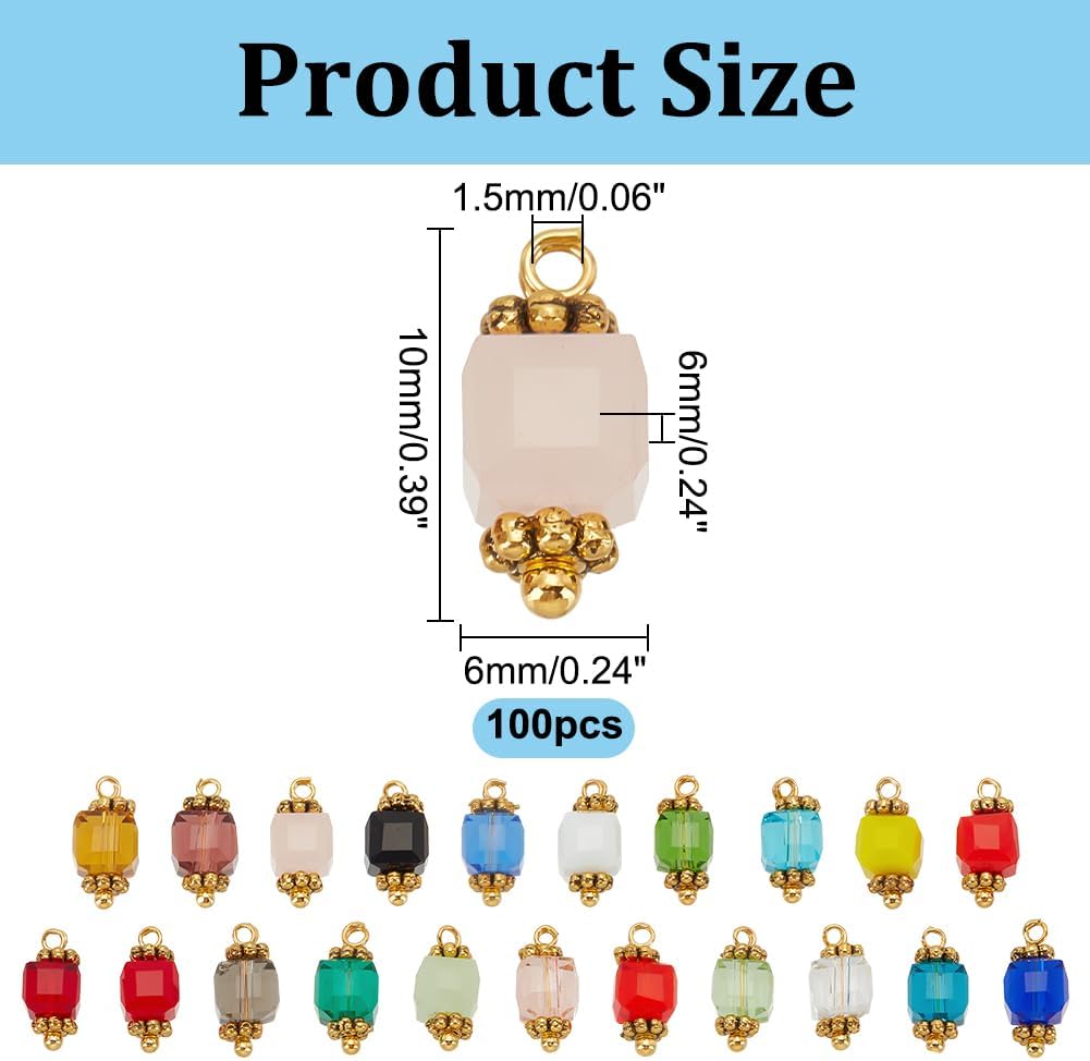 100Pcs Crystal Cube Charms Glass Cube Charm Faceted Beads Pendant with Gold Flower Bead Cap Random Color for DIY Bracelets Earring Necklace Jewelry Making - Image 2