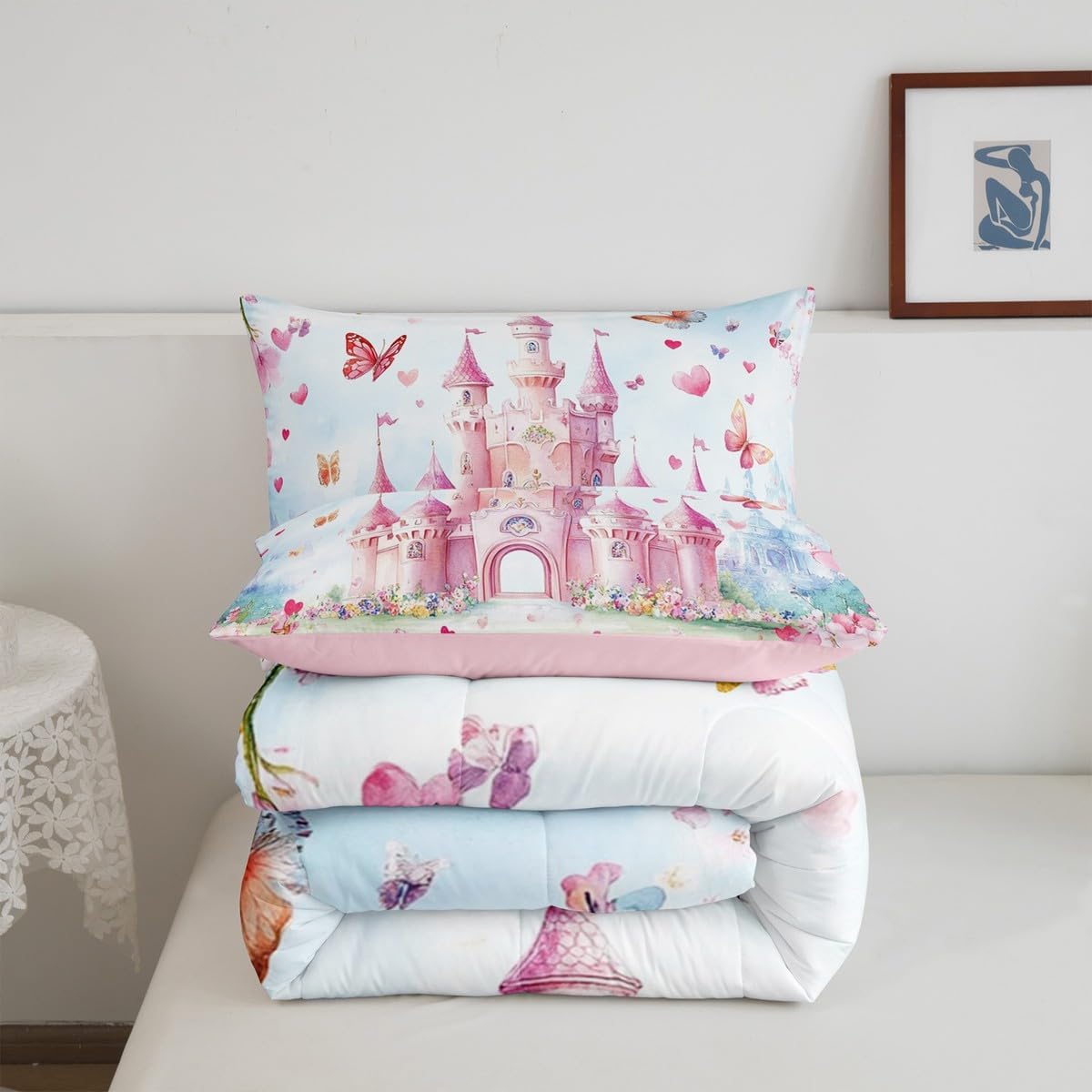 Feelyou Castle Bedding Set - Twin Size, Pink Castle Comforter Set with Princess Decor, Duvet Insert, Microfiber