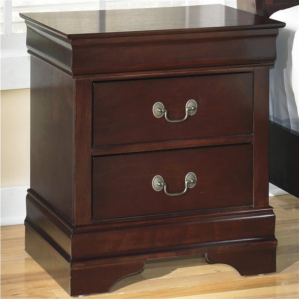 BOWERY HILL Engineered Wood Nightstand, Reddish Brown Finish, 2-Drawer Design with Metal Slides, Antique Bronze Hardware, Louis Philippe Moulding, Traditional Style Bedroom Furniture, 23.75" H x