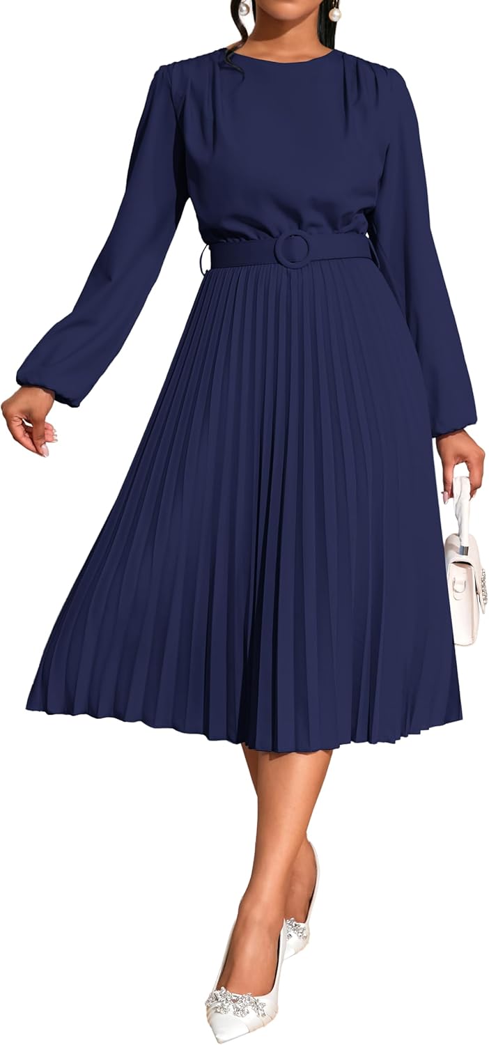 Elainone Women Pleated Midi Dress Long Sleeve Party Wedding Guest Pleated Dress Semi Formal Business Casual Dresses - Image 3