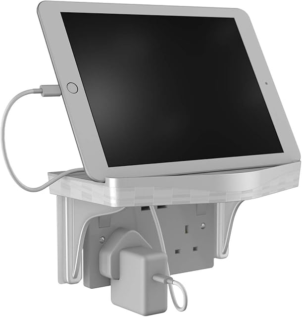 D-Line Cable Organiser Shelf, iPad Stand, Tablet Holder, Echo Dot Wall Mount - Integrated Cable Management Section - White
