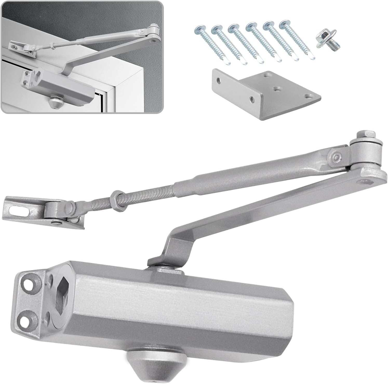 MARIE Hydraulic Spring Door Closer Soft Close Size 2 Automatic Adjustable Arm Operated for Commercial Grade & Home 25-45KG Weight Door with Installation Video Aluminium EN1154 Certification Silver
