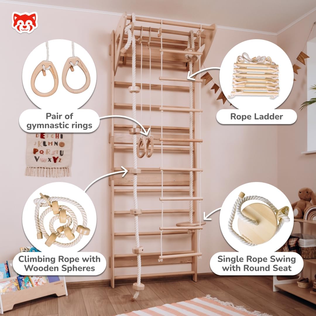 Woodandhearts Swedish Ladder for Kids with Rope Accessories - Indoor Jungle Gym, Indoor Jungle Gym for Kids Ages 3-16, Indoor Climbing Gym (Swedish Ladder of 3 Parts (Natural Wood Color))