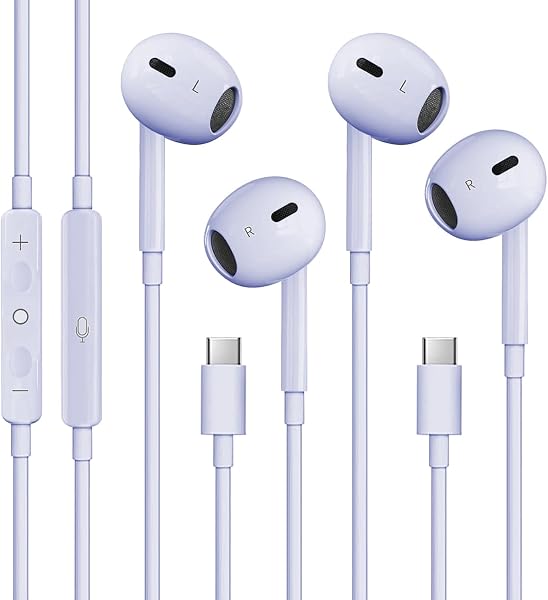 2 Packs USB C Headphones for iPhone 17/16/15, Noise Reduction Built-in Mic & Volume Control Headsets, Type C Earphones for Galaxy S24/S23/S22/S21/S20/Ultra Note 10/20, for Pixel 8/7/6/6a/5/4,Lavender - 2