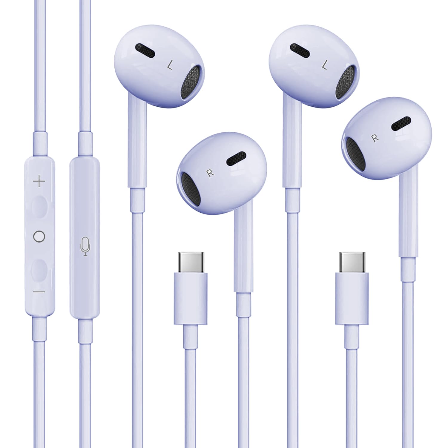 2 Packs USB C Headphones for iPhone 17/16/15, Noise Reduction Built-in Mic & Volume Control Headsets, Type C Earphones for Galaxy S24/S23/S22/S21/S20/Ultra Note 10/20, for Pixel 8/7/6/6a/5/4,Lavender — view 2