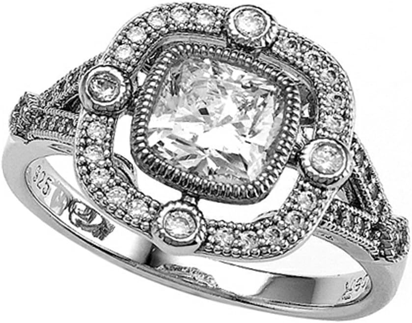 Zoe R Sterling Silver Micro Pave Hand Set Cushion-Cut Cubic Zirconia Engagement Ring Size 5