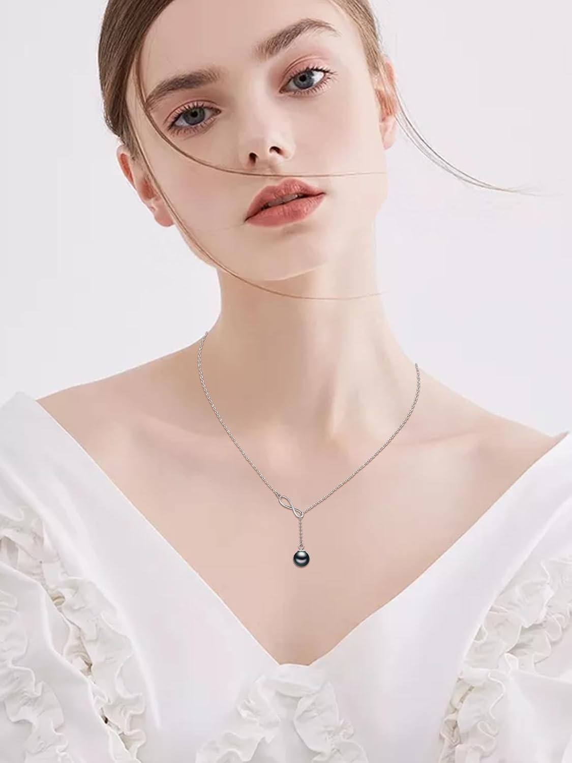 Tahitian Black Pearl AAAA 18K White Gold Plated Sterling Silver Y Necklace for Anniversary Birthday Christmas Jewelry Gift for Women Wife Mom Girlfriend Her