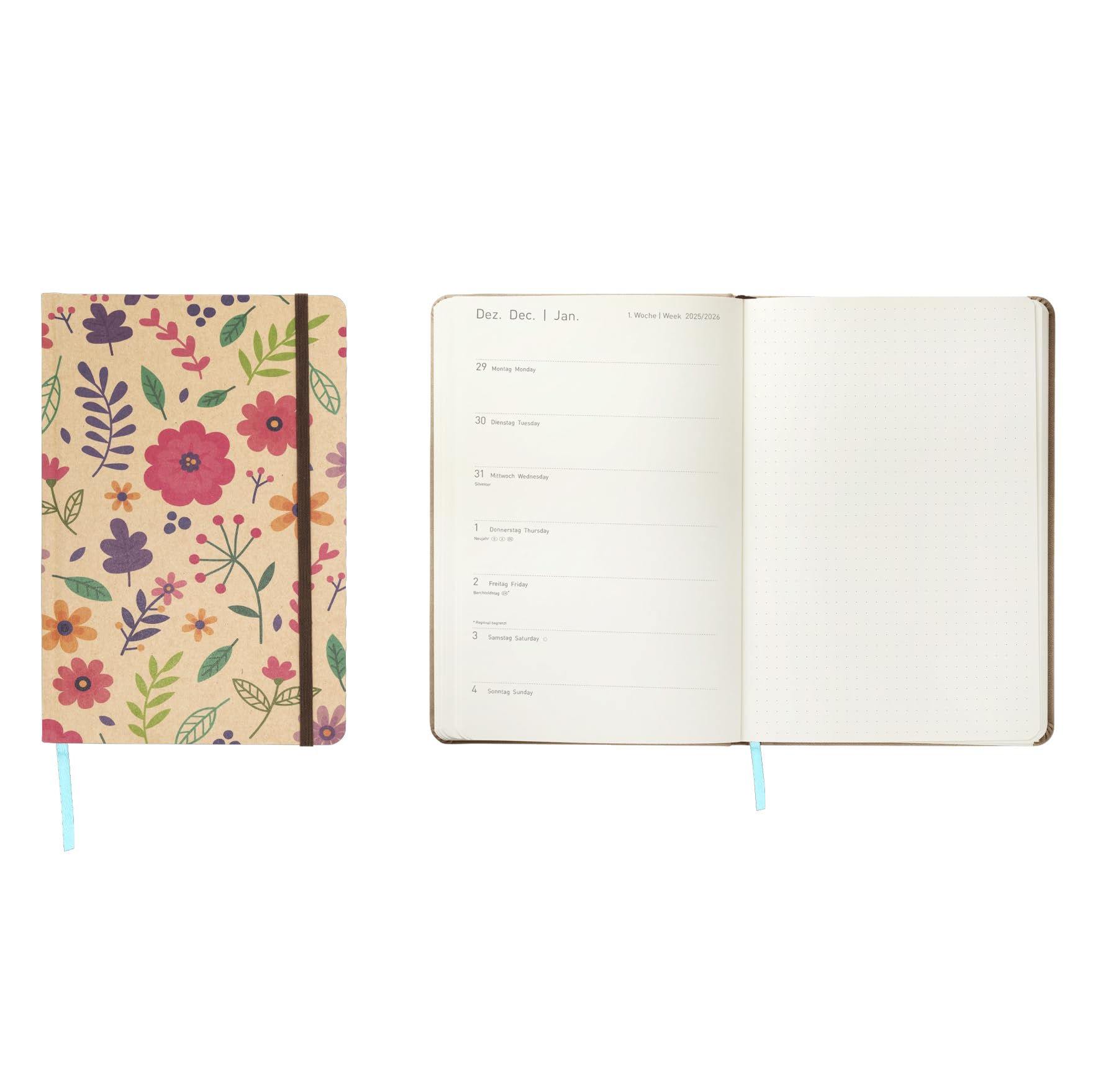 Idena 12070 Pocket Diary 2026 in Format 9 x 14 cm, 1 Week on 1 Page, Diary in Light Brown with Flower Motif, Elastic Band, Inner Pocket and Bookmark