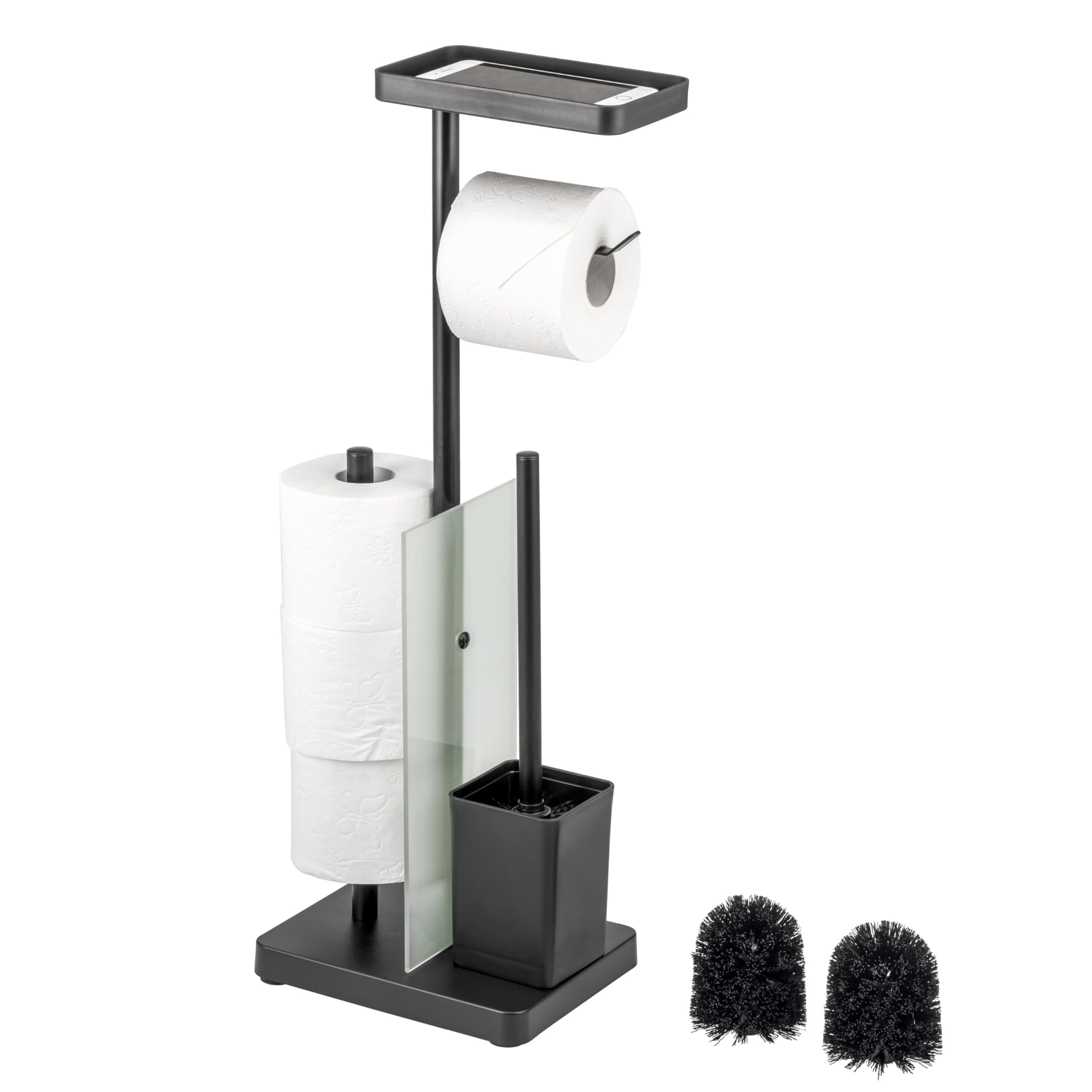 eluno Set WC 4 in 1, set WC autoportante con scopino per WC, 2 testine di ricambio, portarotolo per 3 ruote, ripiano, vetro satinato e metallo (nero), 91159-V