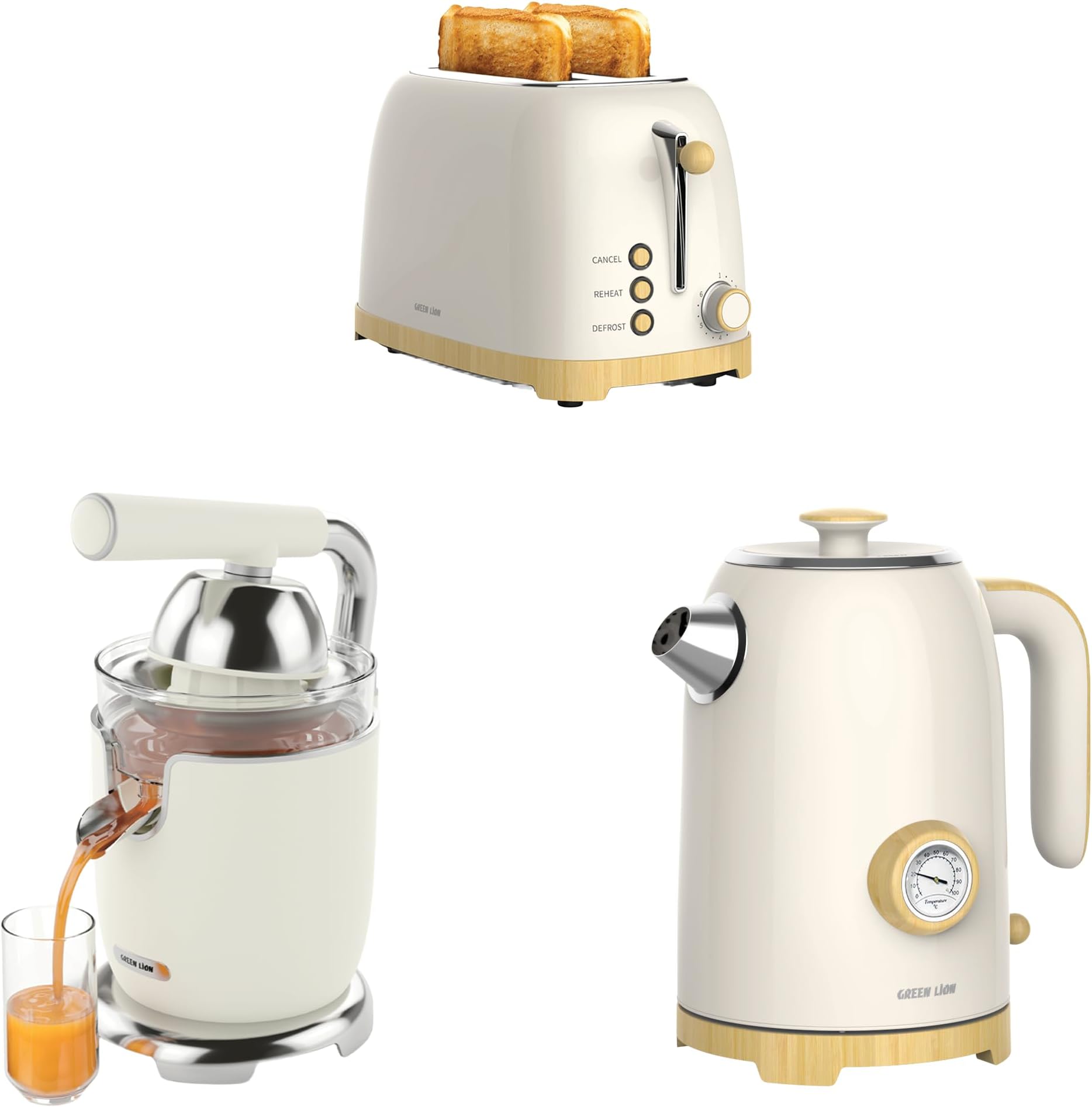 Green Lion 3-in-1 Kitchen Set(Kettle/Juicer/Toaster) 170W Compact Juicer, 1.7L Electric Kettle with Fast Boiling Technology, and 2-Slice Toaster with Adjustable Browning Control