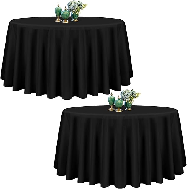 Showgeous 2 Pack Black Round Tablecloth 90 Inch Polyester Fabric Table Cloth Washable Fabric Table Cover for Wedding Banquet Restaurant Buffet Parties and Camping