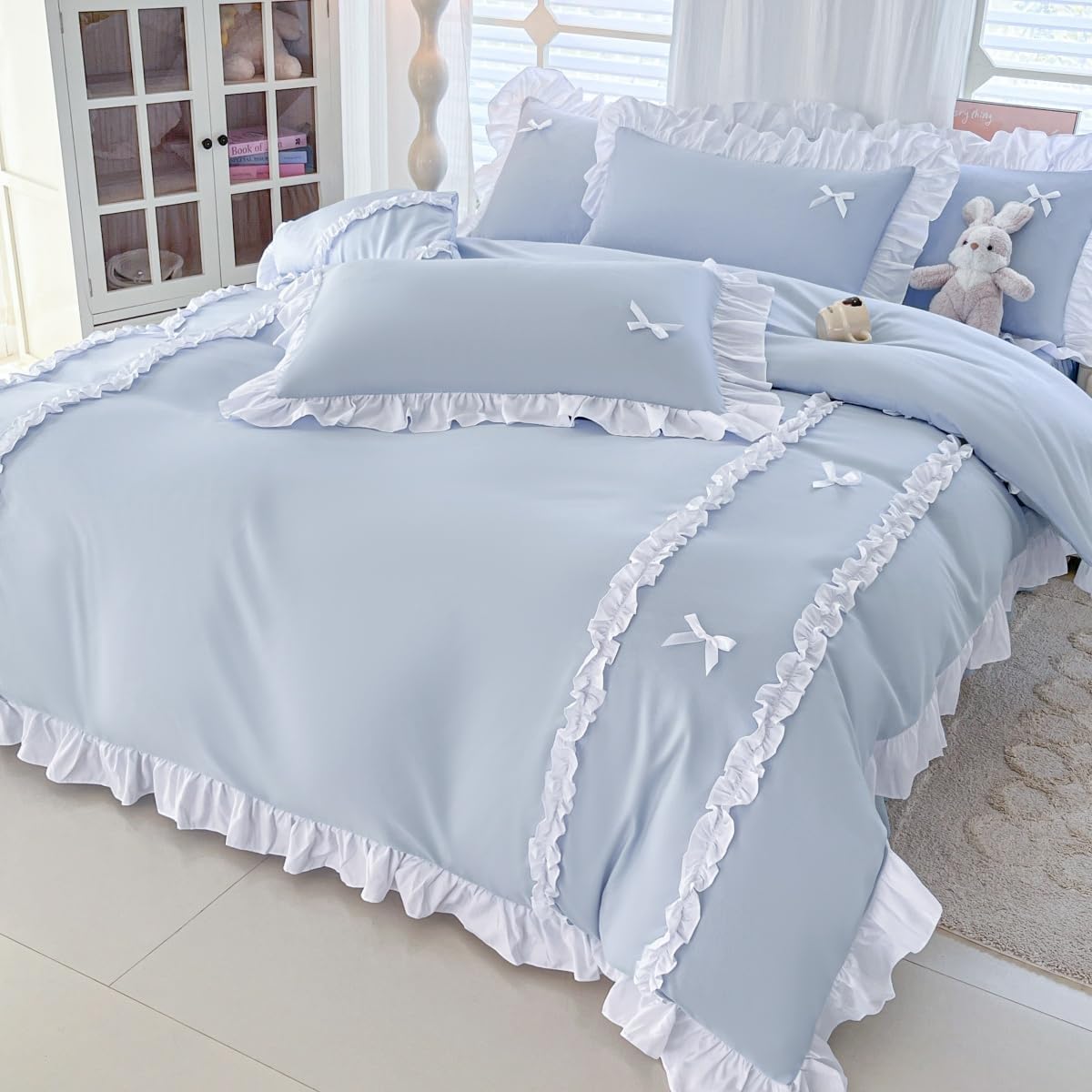 IHOUSTRIY Ruffle Duvet Cover Queen Size, Cute Bedding Set Set with Bow, 3 Pieces White Ruffle Comforter Cover with Zipper and Ties, Princess Girl Bedding - White, Queen