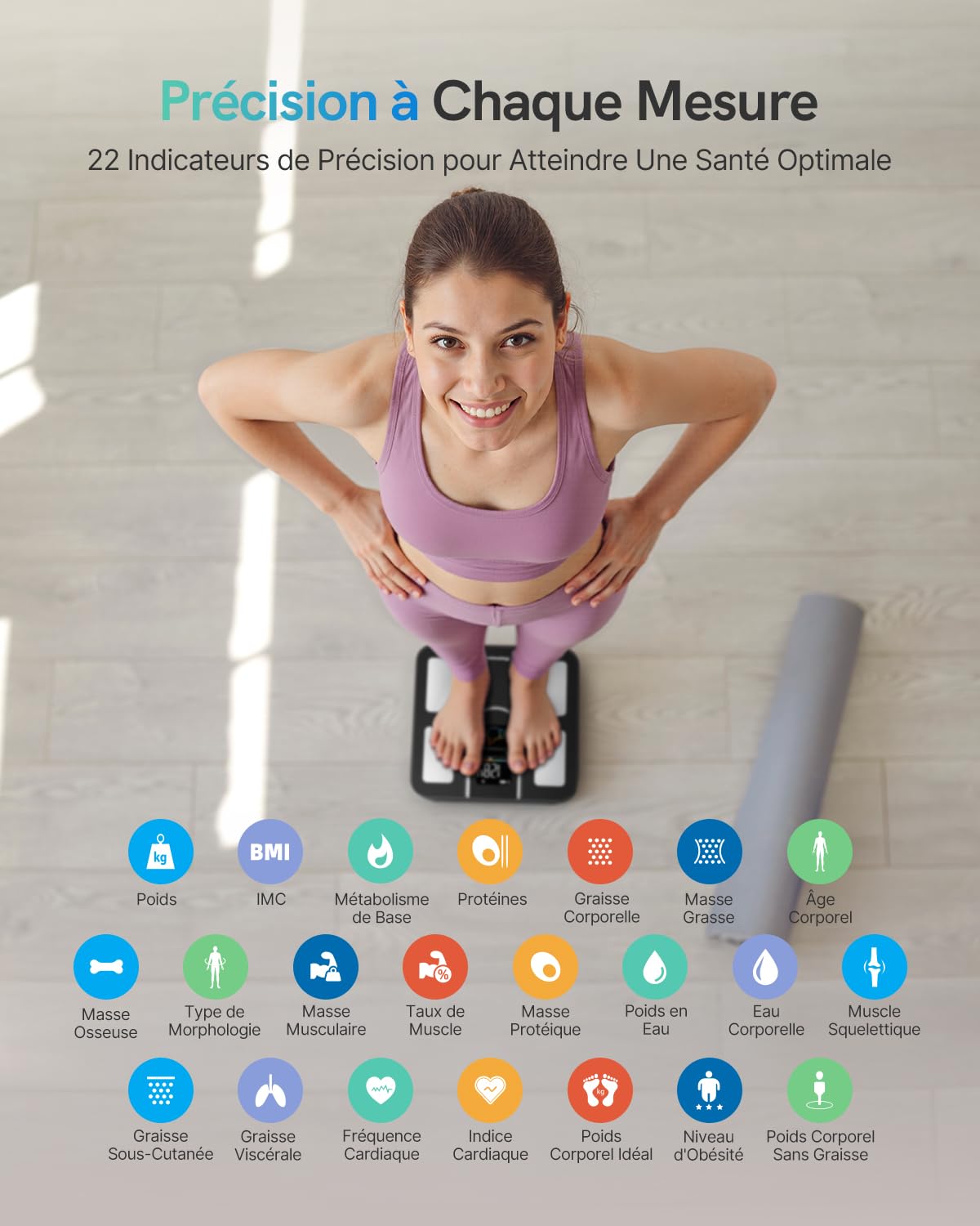 Balance Pèse-Personne, Balance Connectée Impédancemètre 9-en-1 Grand VA Écran, 22 Indicateurs, Fréquence Cardiaque, IMC, Graisse Corporelle Pour iOS & Android, Max. 180kg/ 400lb