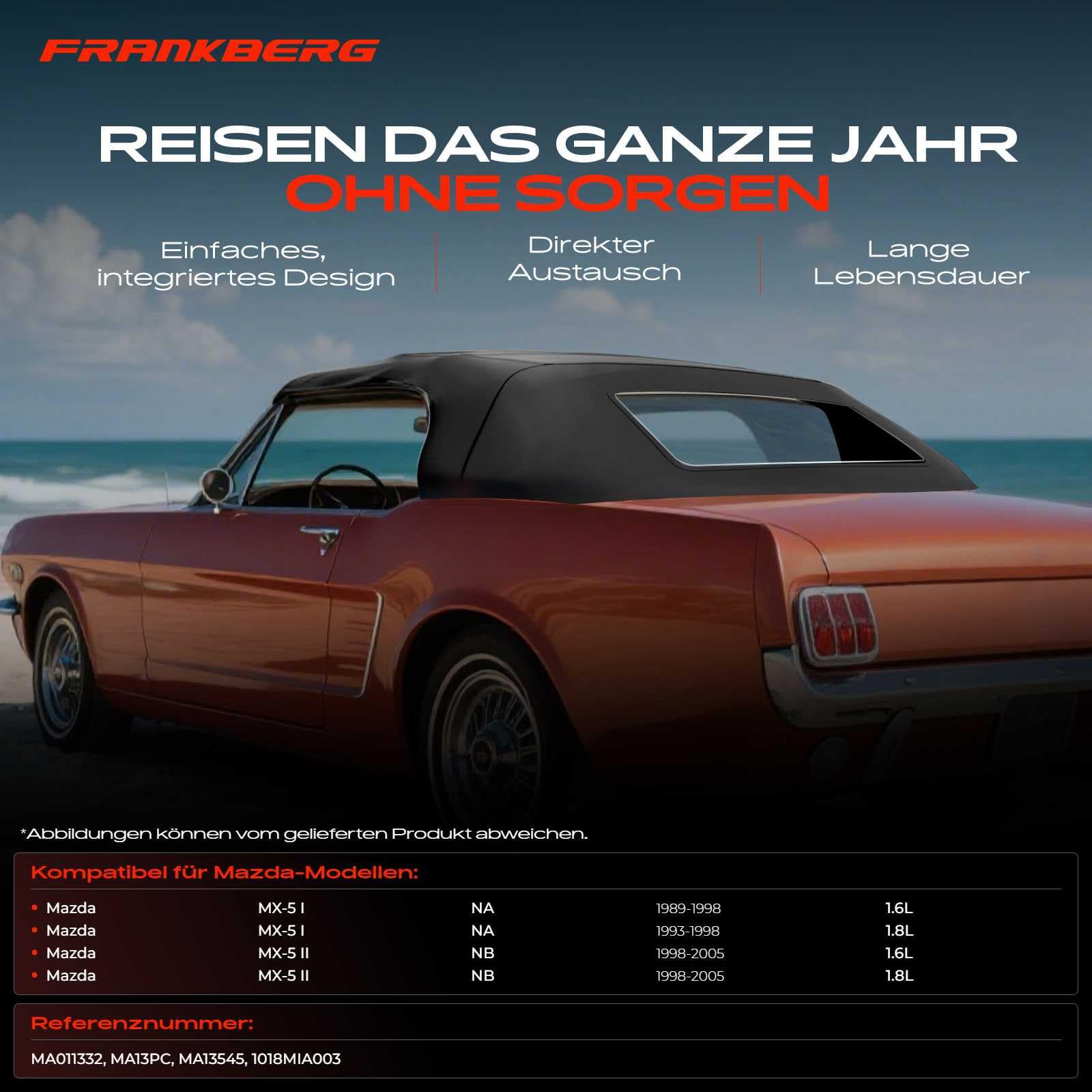 Frankberg Cabrioverdeck Softtop Verdeckbezug Schwarz für MX-5 I NA MX-5 II NB 1.6L 1.8L 1989-2005 MA011332