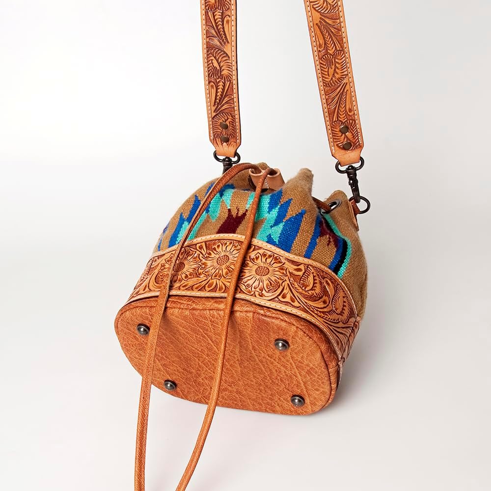 American Darling Bucket Bag Hand Tooled Floral Carved Hand Woven Saddle Blanket Leather Purse with YKK Zipper