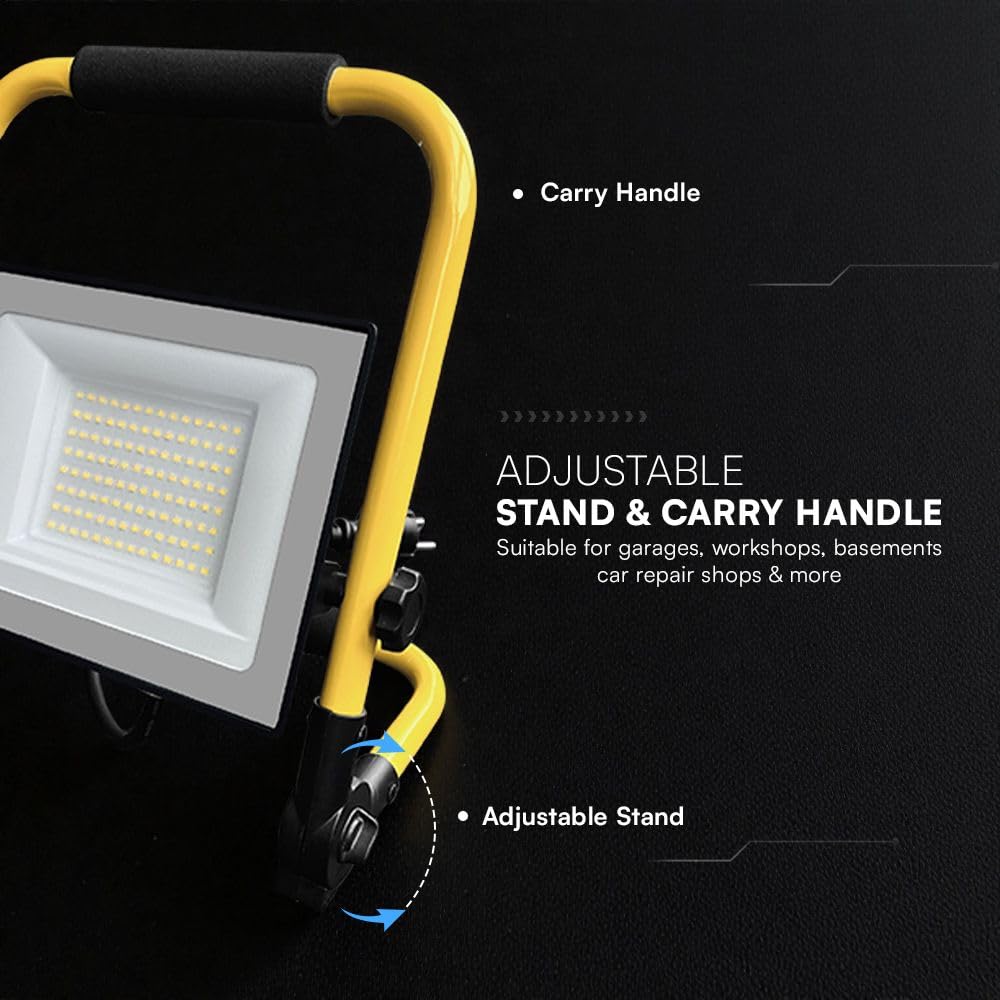 V-TAC Faretto LED da Cantiere 50W - [ CHIP CREE LED - ALTE PERFORMANCE ] - 4270 Lumen - Impermeabile IP65 - Faro Led da Esterno per Lavori e Garage - Cavo 3M - Staffa Piehevole - Luce Naturale 4000K