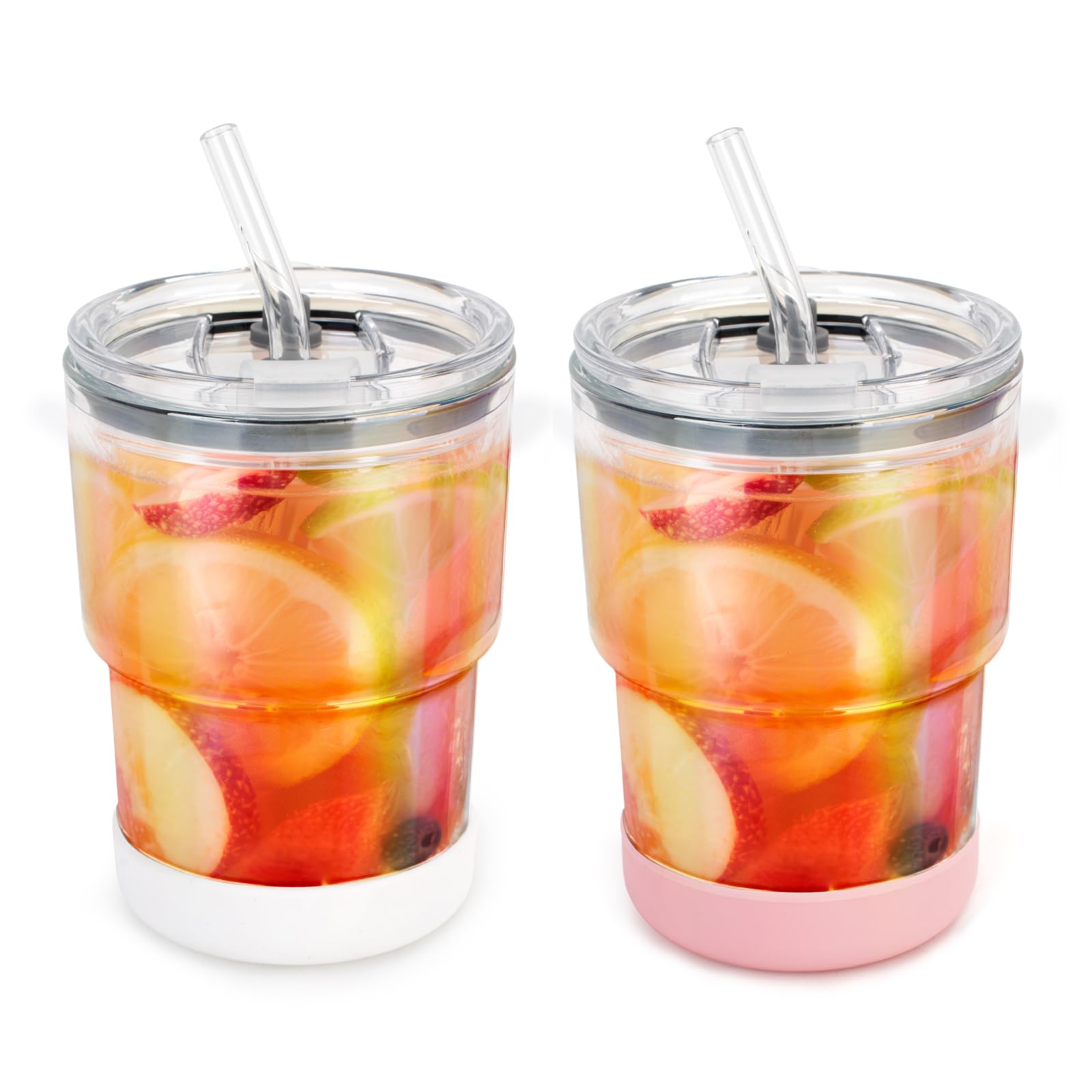 Luxgola 13 oz Glass Tumbler with Straw and Lid, 2 Pack Glass Water Cups With Silicone Bumper, Sealed Carry-On Thick Wall Drinking Cups for Iced Coffee