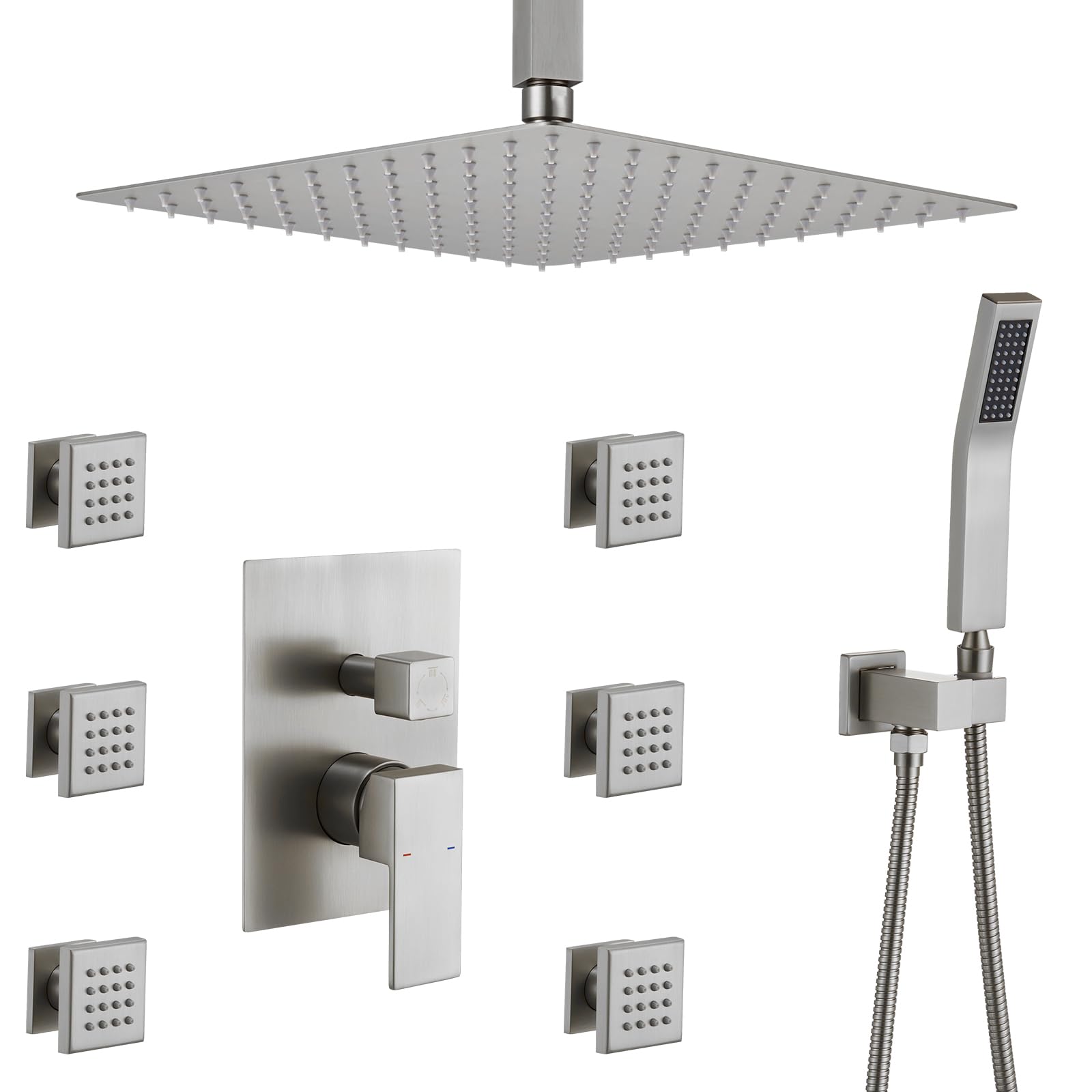 Photo 1 of Romcebath Rain Shower System With Complete 6 Pcs Body Sprays Jets And Pressured Balance Rough-in Valve,12Inch Rainfall Shower Head And Handheld, Modern Brushed Gold Ceiling Mount Shower Faucets Sets