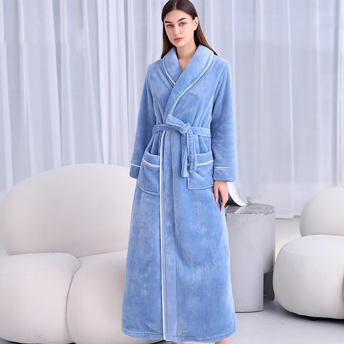 Szlafroki Damskie Flanelowe Szlafroki Męskie Bielizna Nocna Koszule Nocne Długi Rękaw Ciepłe Kimono Szlafroki Koszula Nocna Z Kieszenią(/Blue,3XL women)