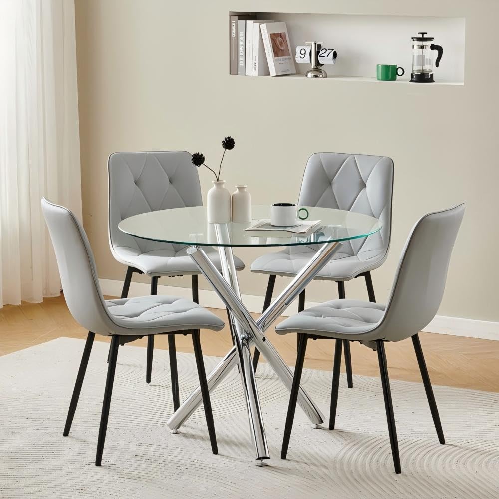 Homullel Round Dining Table and Chairs Set 4 Seater Kitchen Dining Set, 5 Pieces Table & Chairs Dinner Table Set for 4 (90cm Glass Table with 4 Chairs, Pu Diamond Dark Grey)