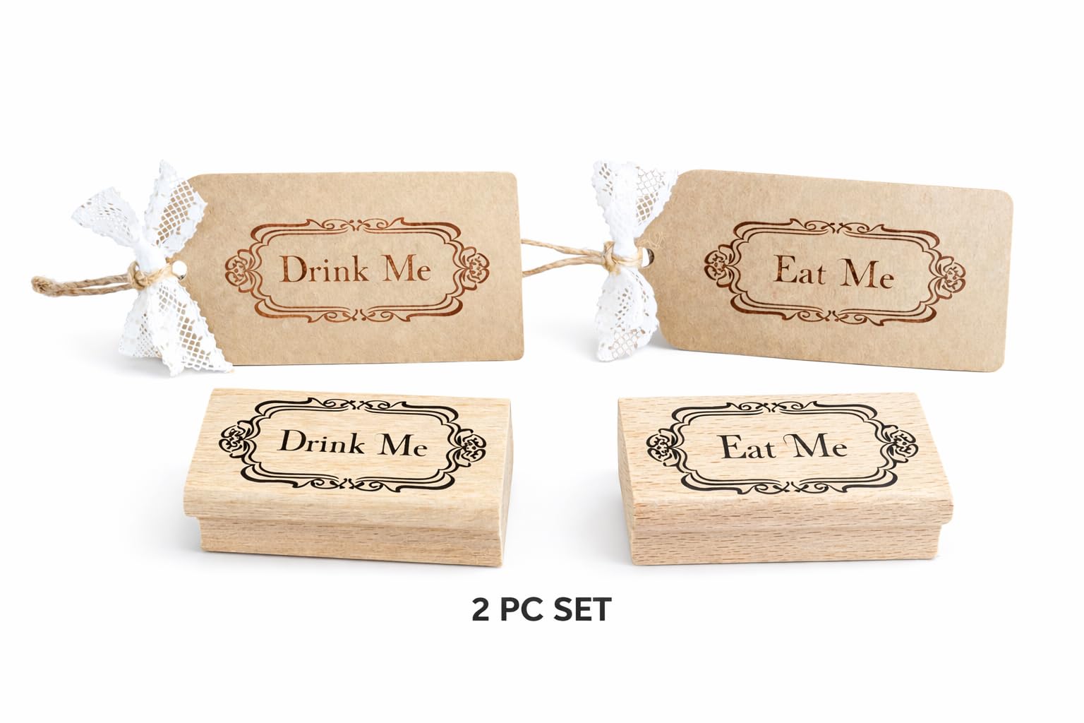 CHYHMYT - Wooden Rubber Eat me Drink me Stamp -for Alice in Wonderland Party Tags, Labels, Favors Tea Party Mad Hatter (Eat Me+Drink Me)