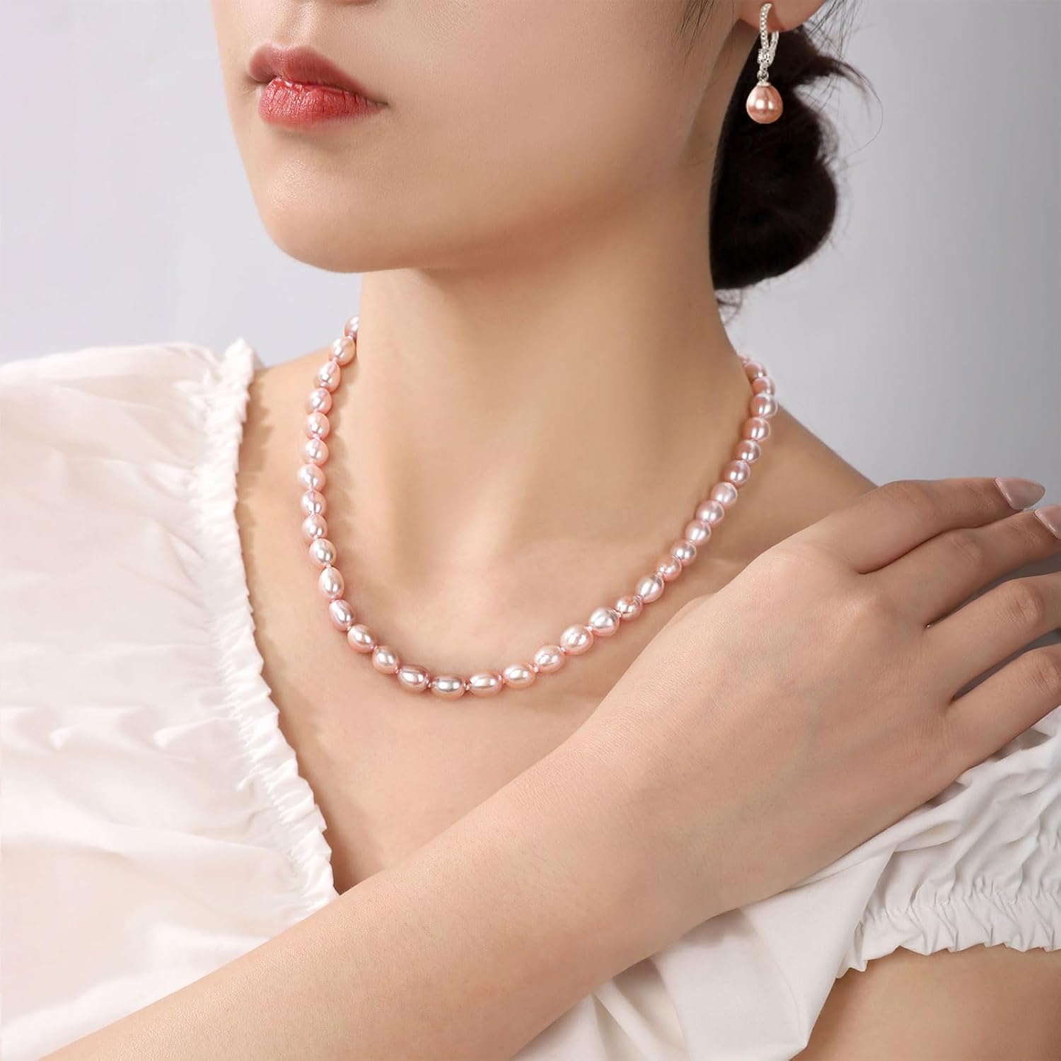 Pearl Necklace And Earrings Set Freshwater Pink/White/Black Pearl Necklace and Drop Earrings Jewelry Set For Women, Natural Cultured Near-Round Pearl Beads,925 Sterling Silver, Luxury Pearl Jewelry Gift For Mother/Wife - Image 2