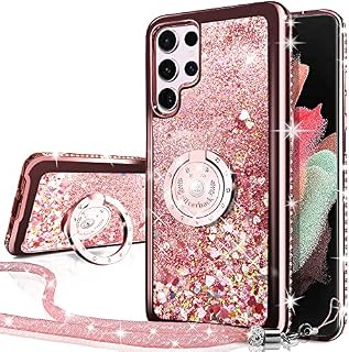 Miss Arts Galaxy S22 Ultra Case, [Silverback] Moving Liquid Holographic Glitter Case With Kickstand, Girls Women Bling Diamond Ring Slim Protective Cover for Samsung Galaxy S22 Ultra 5G -Rose Gold