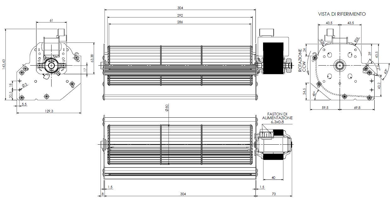 AGRIPRO Ventilador tangencial Trial 8A130B-001 DN 80 Ventilador 30 cm Motor derecho Extraflame para estufas (incluyendo estufas de pellets y otras con las mismas medidas)