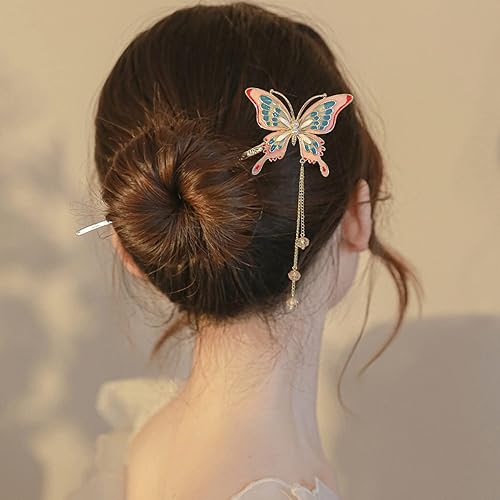 Palillos para el cabello con borla de mariposa, estilo chino retro, palillos Hanfu Chignon para el cabello, accesorios para hacer el cabello, para