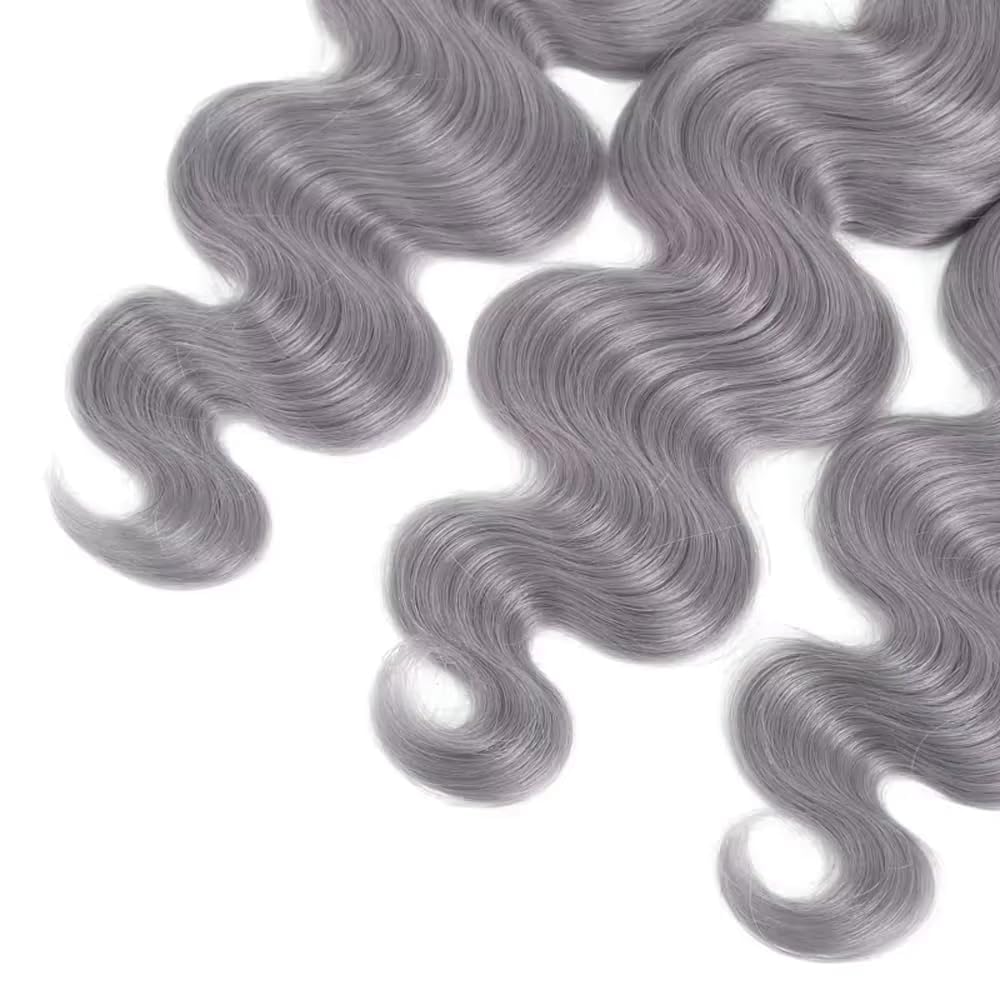 Grey Body Wave Human Hair Bundles 8A Unprocessed Brazilian Virgin Hair Extensions for Quick Weave 3 Bundles 300g，14 16 18 Inch