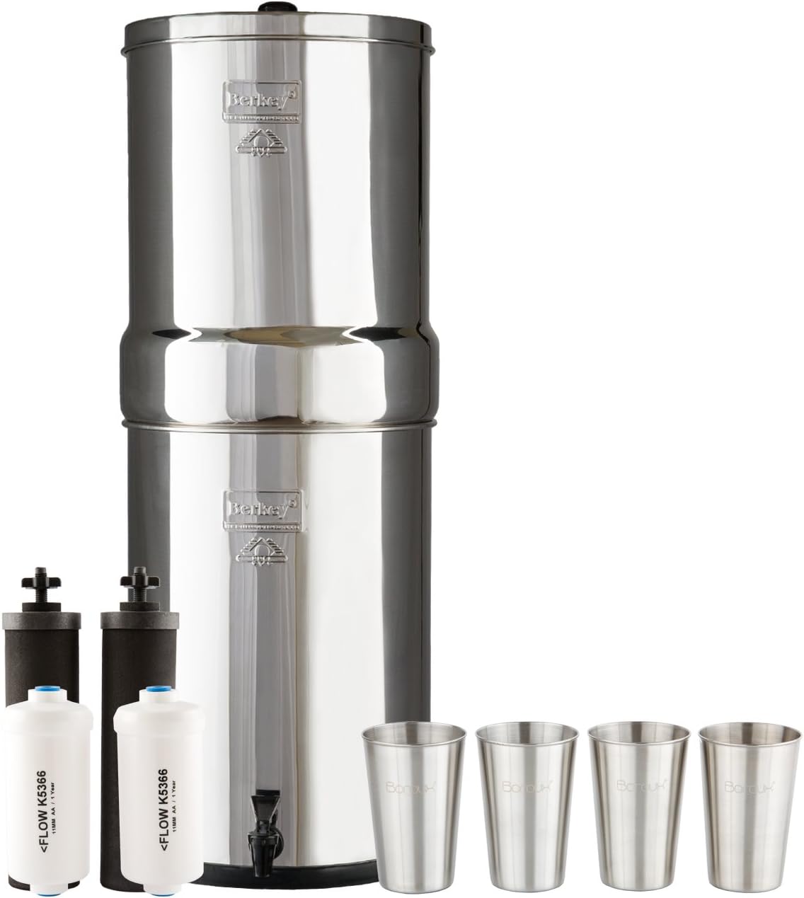 Berkey Bundle Crown Berkey Water Filter System w/ 2 Black Purifier Filters (6 Gallons) Bundled w/ 1-set of Fluoride Filters (PF2) and 1-set of 4 12 oz Stainless Steel Cups