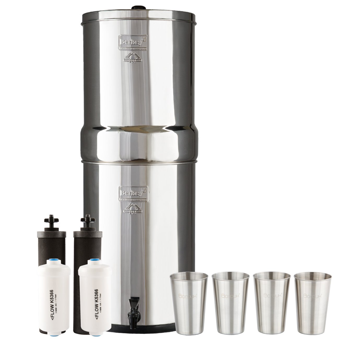 Berkey Bundle Crown Berkey Water Filter System w/ 2 Black Purifier Filters (6 Gallons) Bundled w/ 1-set of Fluoride Filters (PF2) and 1-set of 4 12 oz Stainless Steel Cups