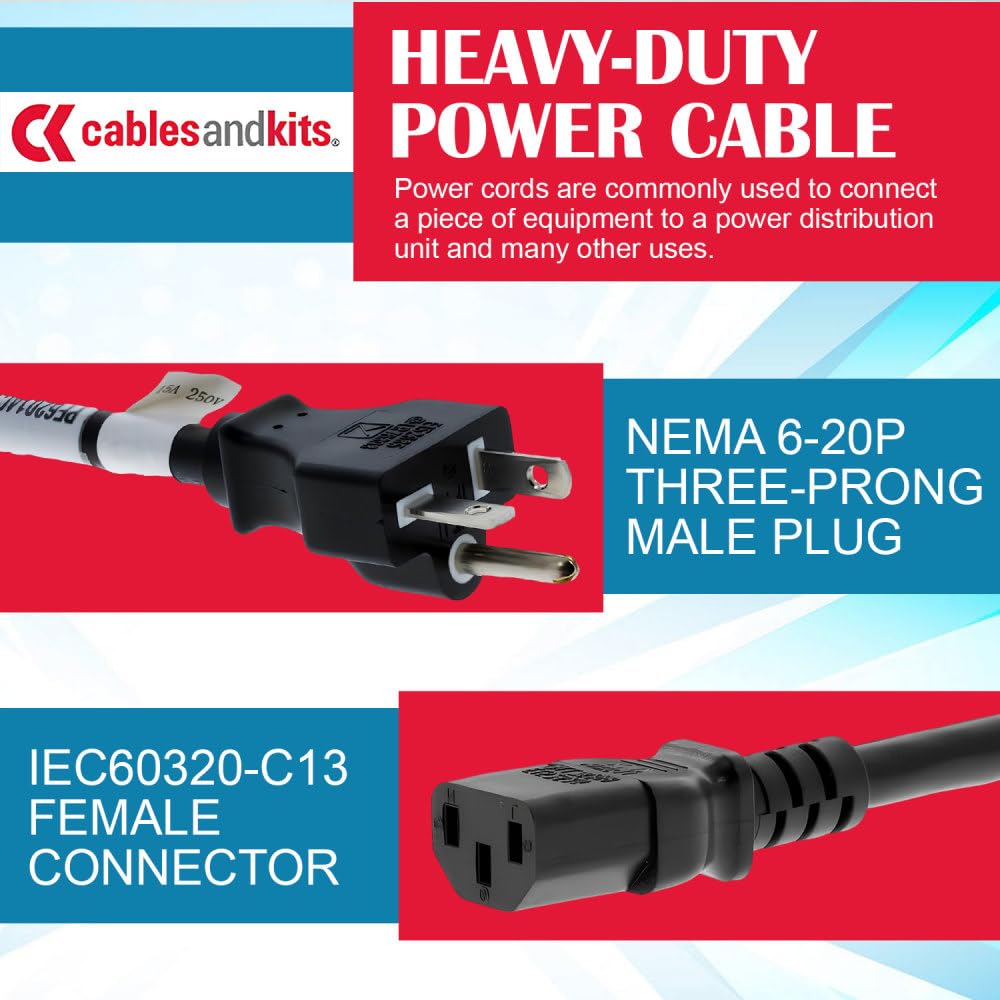 3ft AC Power Cord - NEMA 6-20P To IEC C13 Plug, 14 AWG, 15A/250V (Kentek Brand) 7 thumbnail image