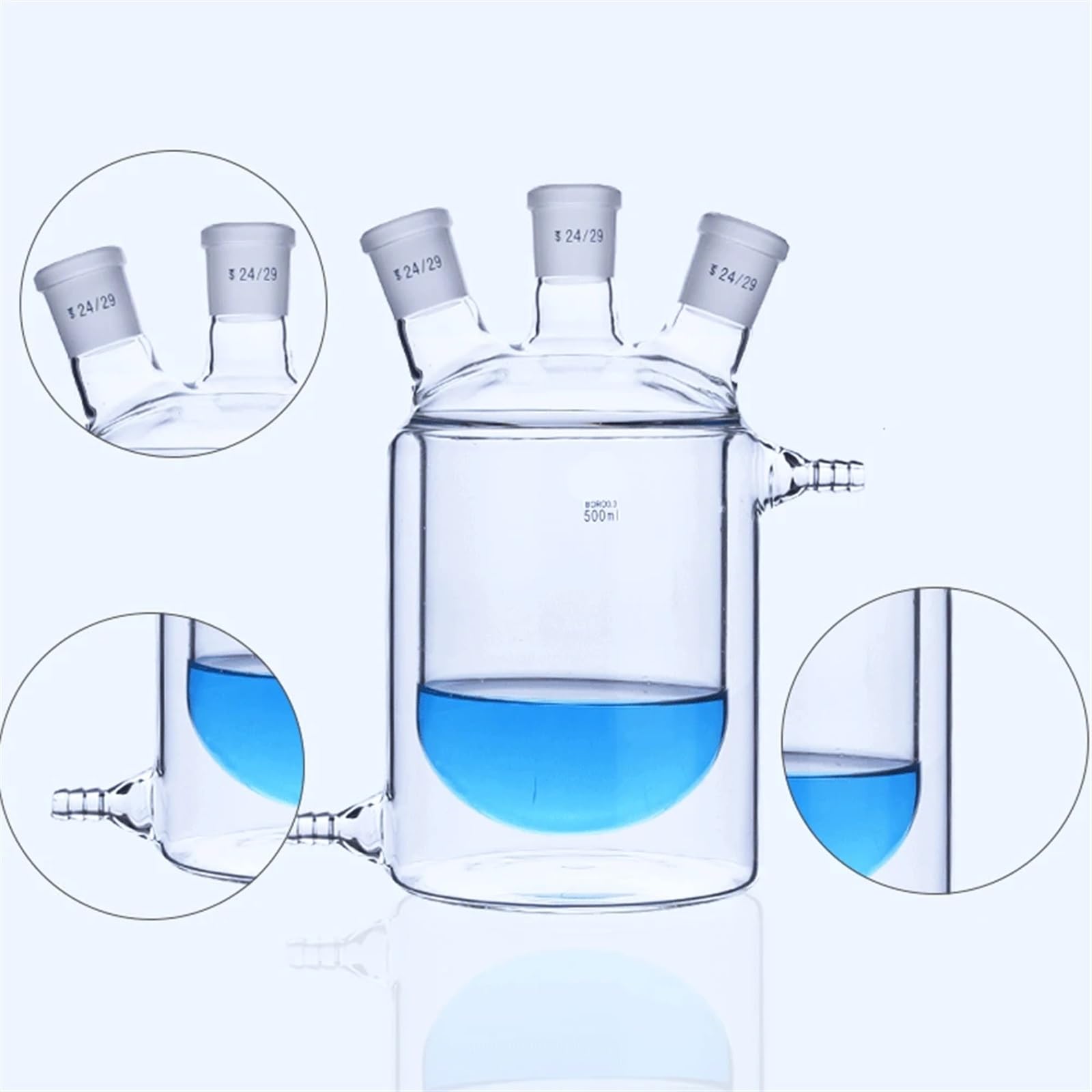 matraz de fondo redondo， Botella de reacción de laboratorio de doble capa con tres cuellos, 250 ml-2000 ml, fondo plano con 24 juntas(250ml 24-24-24)