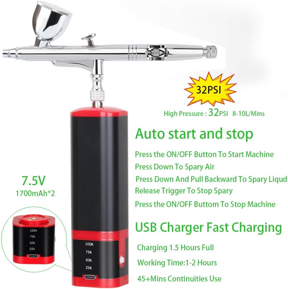 Portable Upgraded Dual-Action extra battery Airbrush kit with compressor-replaceable battery Cordless Air Brush Set for Leather furniture repair,Nail Art,Painting,Cake,Model,Tattoo,T-shirt