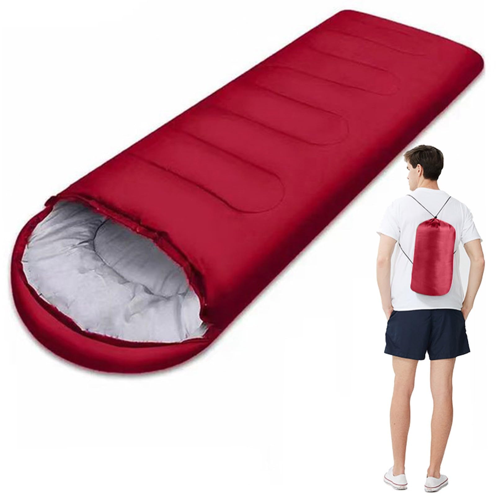 Tragbarer Camping-Schlafsack, 4 Jahreszeiten, kaltes und warmes Wetter, wasserdicht, leicht, mit Kompressionsbeutel, Campingausrüstung(Red,0.95kg)