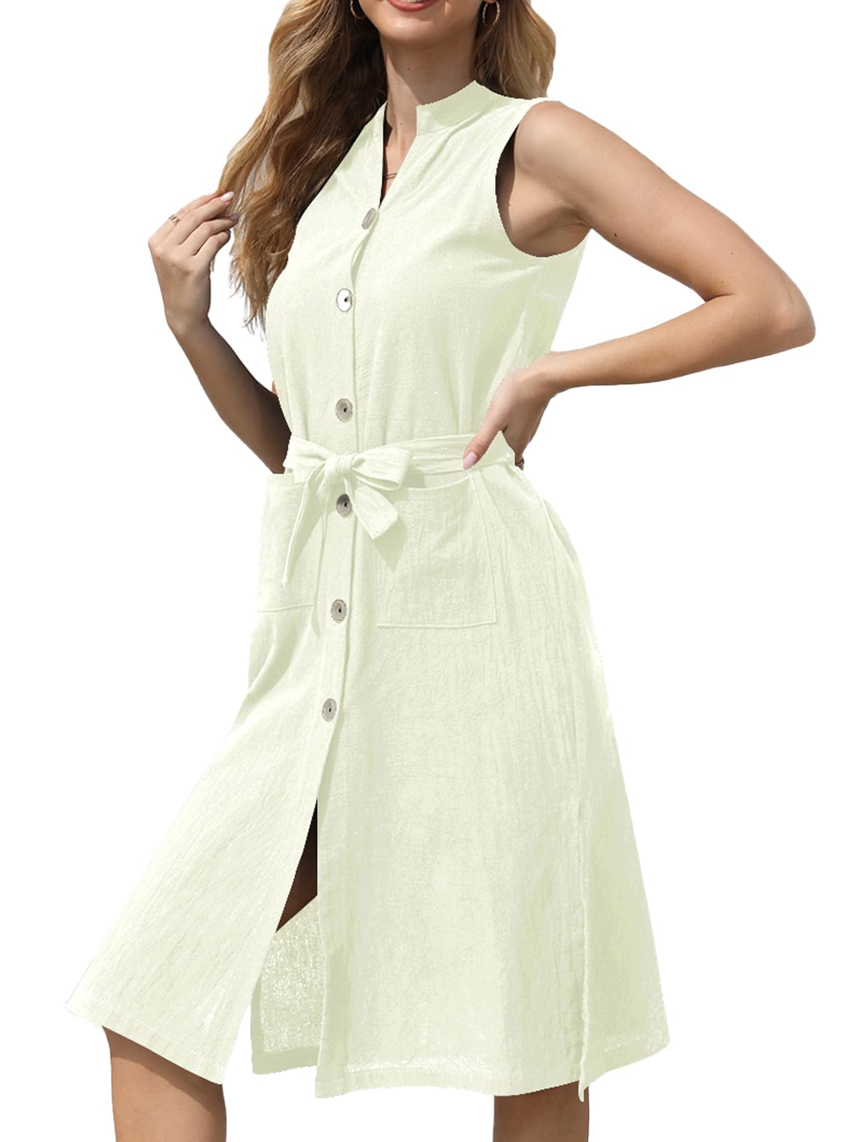 Women's Casual Summer Dresses Sleeveless Buttoned Shirt Dress Split