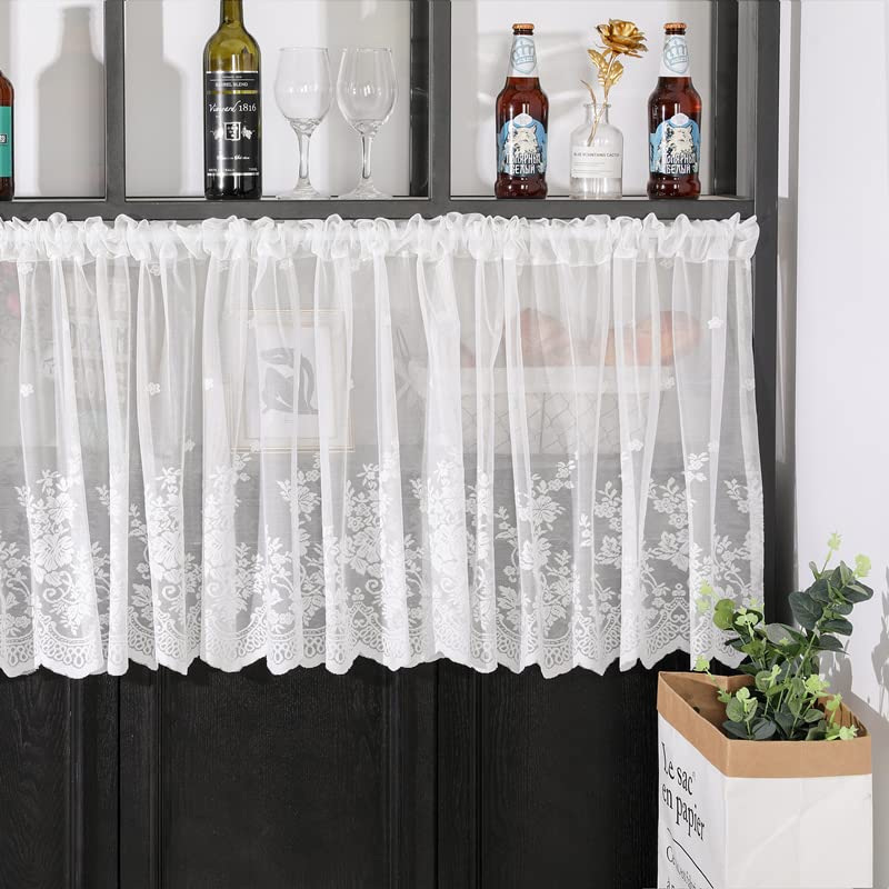 Devola Curtain in American Country House Style Transparent Floral Pattern Yarn Bistro Curtain Cafe Panel Curtain Kitchen Curtain Decoration Curtains H x W 120 x 200 cm White Pack of 1 - Image 4