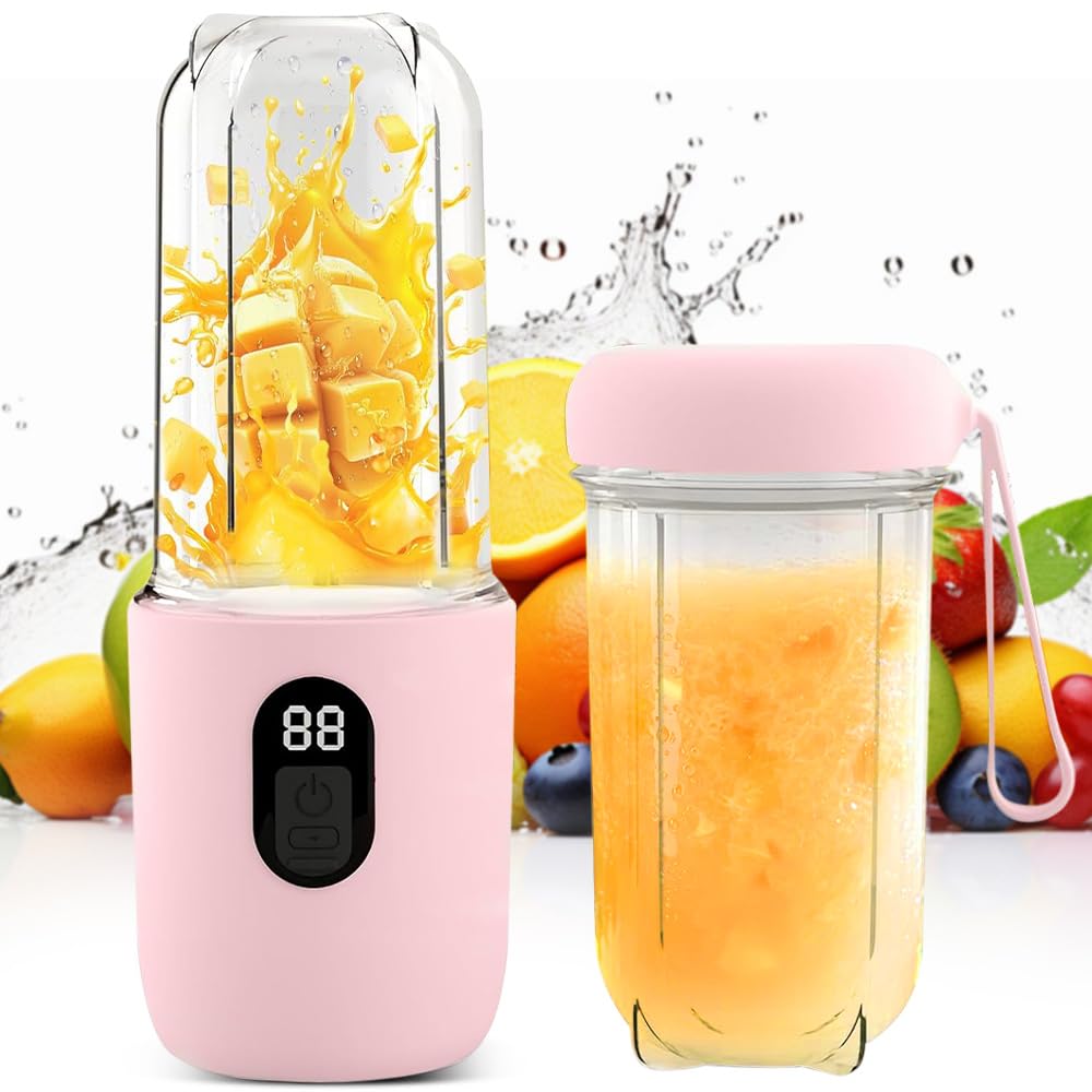 Portable Cup Blender, 500 ml Electric Portable Blender, USB Rechargeable Smoothie Blender with 16 Blades and LED Display, Portable Blender for Sports, Travel, Hiking (Pink)