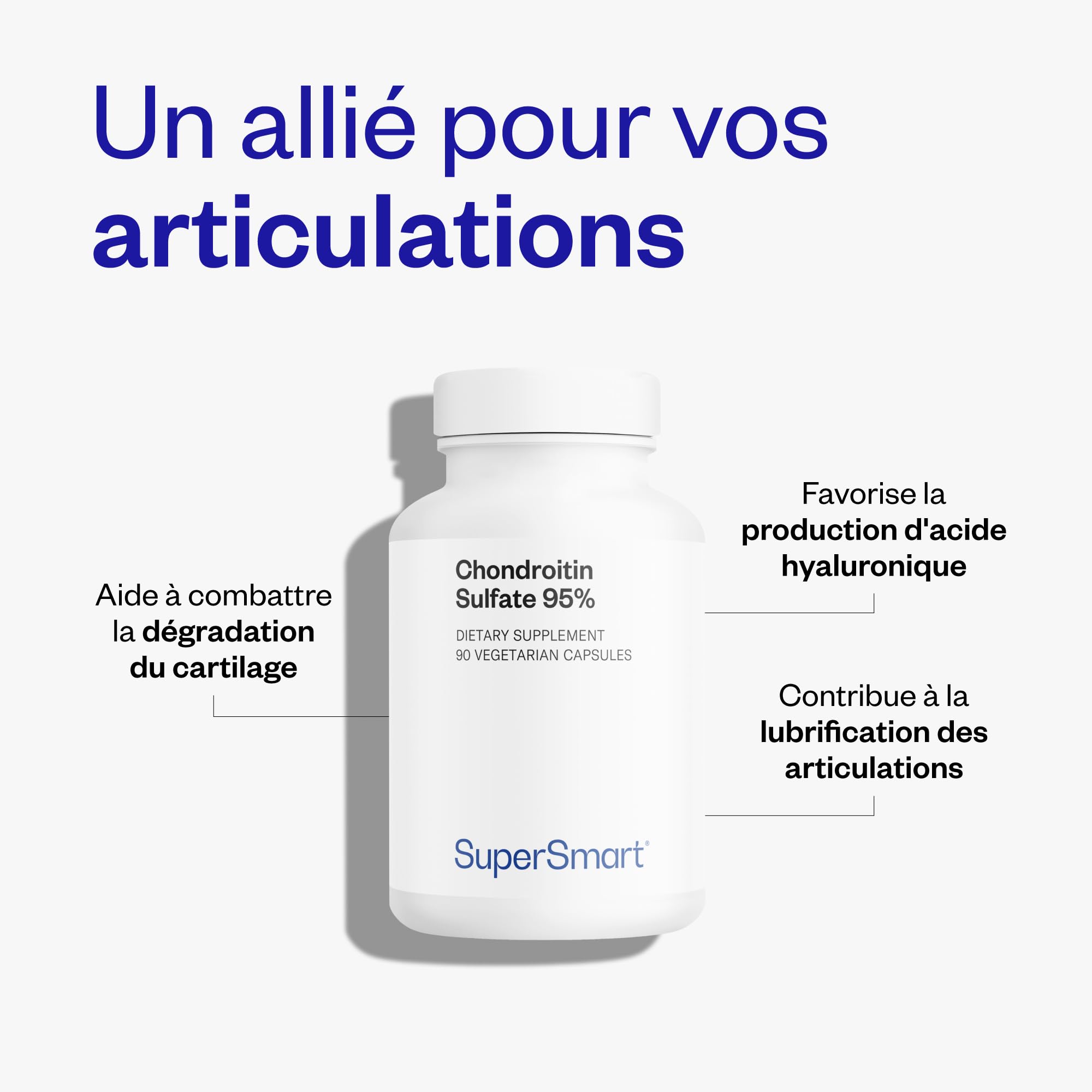 Chondroïtine Sulfate 95% - Aide à Soulager les Douleurs Articulaires - Soin des Articulations, des Os et des Muscles - Pureté Exceptionnelle (95%) - Sans OGM - SuperSmart