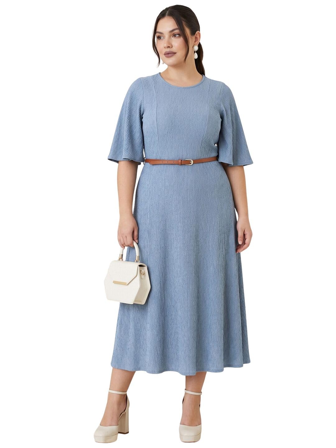 selvia Women Textured Lycra Round Neck Flared Sleeve Midi Length A-Line Dress with Belt-picture-46