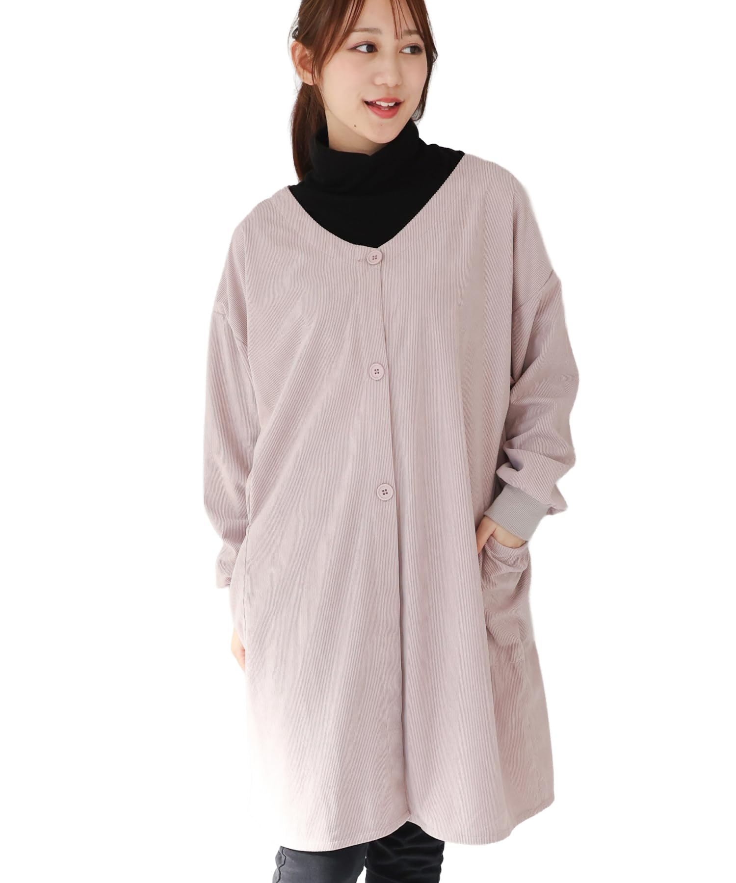 on nishiki Women's Smocked Coat, Autumn, Winter, Warm, Fashionable, Cute, Corduroy Material, Front and Back 2-Way, Long Length, Ribbed Sleeves, with Pockets, Apron with Sleeves-picture-30