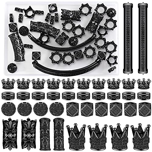 40 Pieces King Crown Charms Round Zircon Rhinestone Beads Tube Cubic Zirconia Beads Diamond Cut Cube Bead Big Hole Spacer Beads For Jewelry Making Bracelet Connector Diy (Black, Black Rhinestone) #TOP9