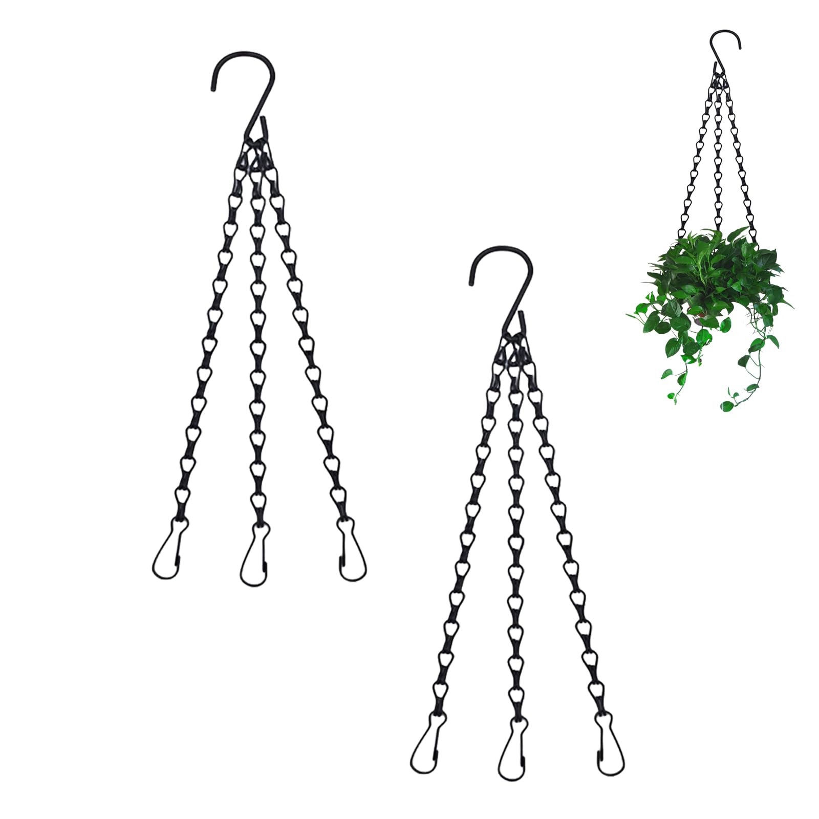 Vnvnvnv Hanging Basket Chains 2-Pack - Heavy Duty Metal 3-Point Chain Hooks for Hanging Plants,Pots & Baskets | Indoor Outdoor Garden,Balcony Decor (Black)